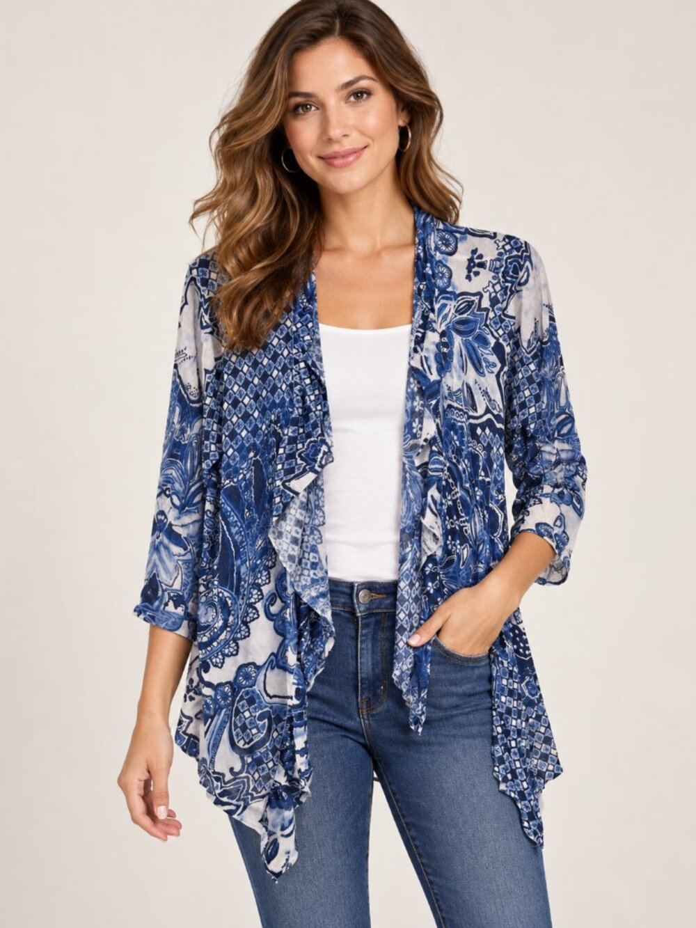 Chico’s Size 3 Blue White Paisley Floral Draped Open Front Cardigan Top